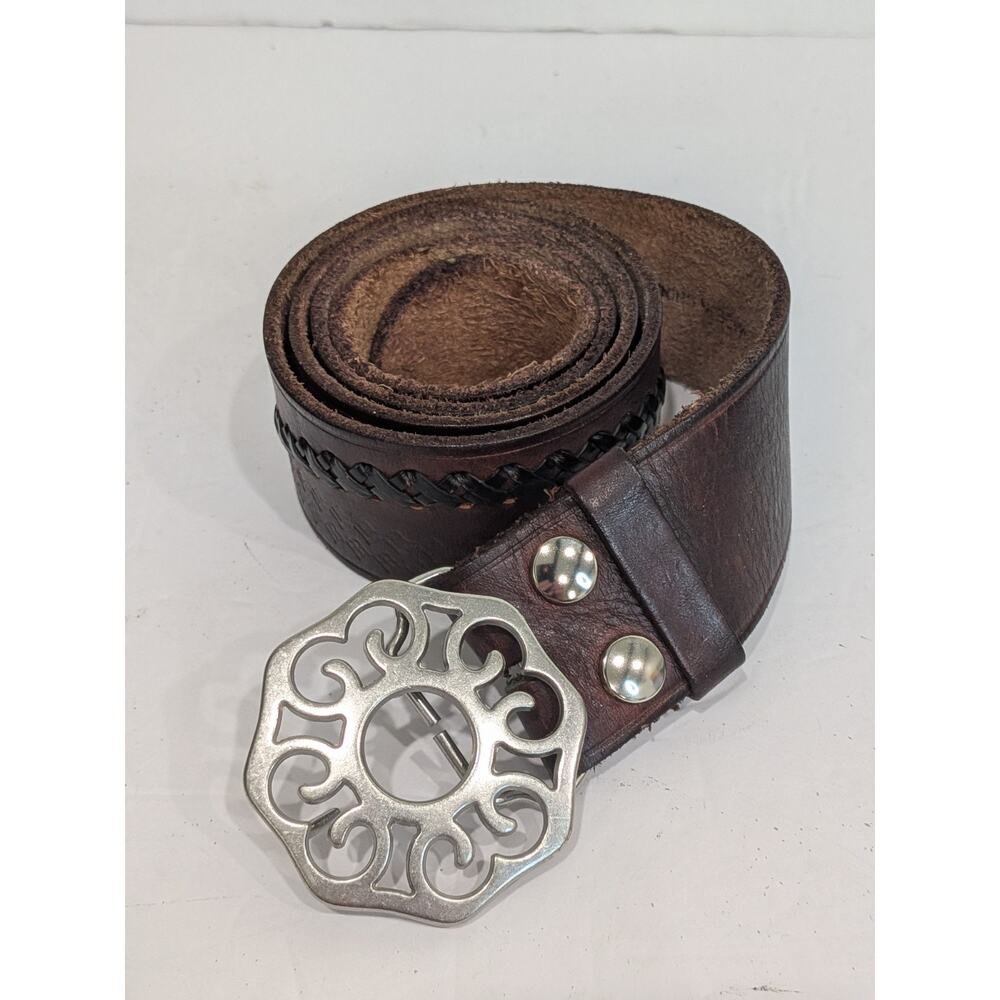 Western Boho Brown Leather Belt Black Whipstitch Lacing Silver Floral Filigree L